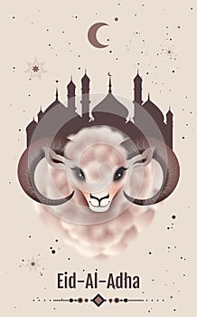 Feast of Sacrifice Eid al Adha greeting card. Ram head photo