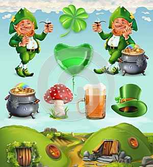 Feast of Saint Patrick. Fairy Tale Village. Leprechaun house vector icon set