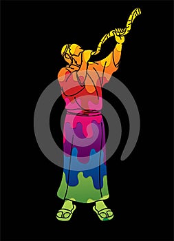 Feast of trumpets. Jewish people blowing the shofar horn cartoon graphic vector