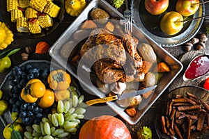 Feast with turkey on Thanksgiving, vegetables and fruits