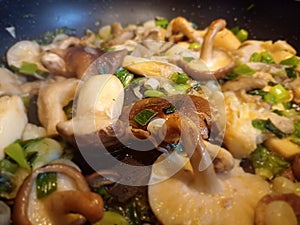 Feast of wild woodpeaked mushrooms cooked in a non-stick pan with spring onions cracked pepper and sea salt