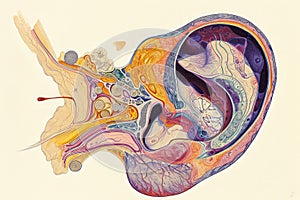Feast your eyes on this awe-inspiring drawing of a human ear, adorned with a captivating array of vibrant colors, A cross-section
