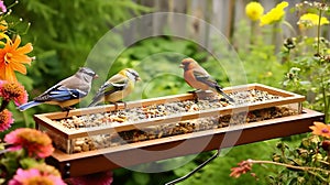 Feasting Birds at the Platform Tray Feeder