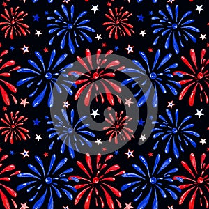 Festive Fireworks show seamless pattern. Red and blue salutes sparkles in the night sky. Celebration of Fourth of July, New Year photo