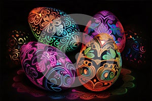 Colorful painted easter eggs on a black background, vector illustration