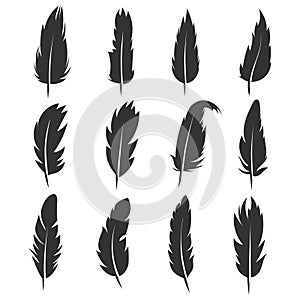 Feather, antique pen black vector icons isolated on white background