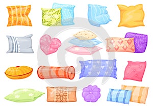 Feather cushions. Cartoon textile colorful pillows, decor cushion heart shape and comfy fabric pillows for home bed or