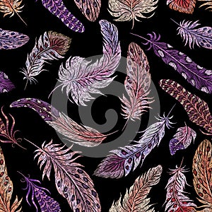 Feather embroidery. Exotic feathers print, birds fashion ethnic elements. Beauty decorative plumage, stitch tapestry