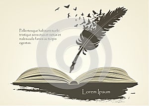 Feather with flying birds and open book