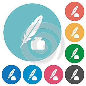 Feather and ink bottle flat round icons