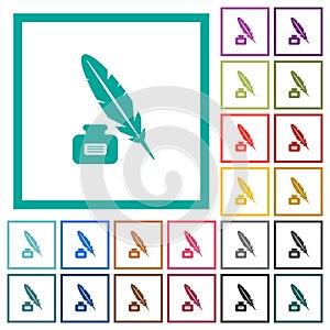 Feather and ink bottle with label flat color icons with quadrant frames