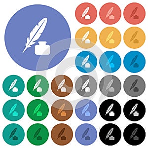 Feather and ink bottle round flat multi colored icons