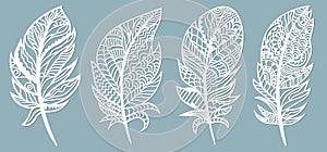 Feather. Laser cut. Template for laser cutting and Plotter. Vector illustration. Sticker. Pattern for the laser cut, serigraphy,