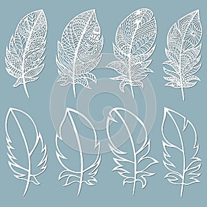 Feather. Laser cut. Template for laser cutting and Plotter. Vector illustration. Sticker. Pattern for the laser cut, serigraphy, photo