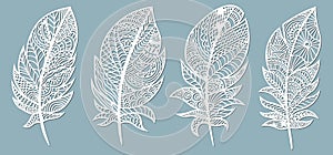 Feather. Laser cut. Template for laser cutting and Plotter. Vector illustration. Sticker. Pattern for the laser cut, serigraphy,