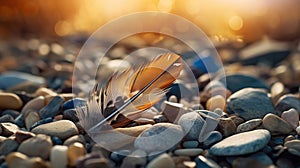 feather laying on top of a pile of rocks. Generative Ai