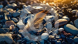 feather laying on top of a pile of rocks. Generative Ai