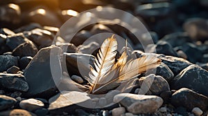 feather laying on top of a pile of rocks. Generative Ai