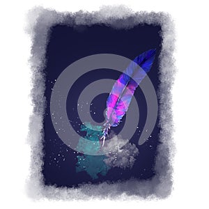 The Feather in magic lights on deep blue background. Magic illustration. Art element for fantasy style design