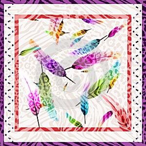 Feather pattern.Silk scarf design, fashion textile.