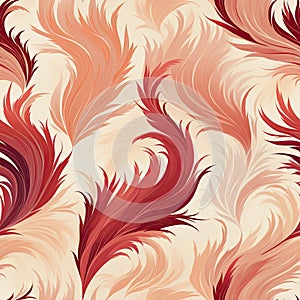 A feather pattern with soft outlines and swirling vortexes in light crimson and beige (tiled)