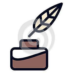 Feather pen and ink bottle icon. Quill and ink pot symbol illustration for perfect mobile, web and print media use. Calligraphy