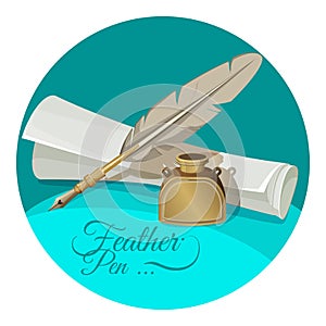 Feather pen and inkwell near paper manuscript vector illustration