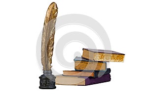 Feather pen statue and stack books isolated