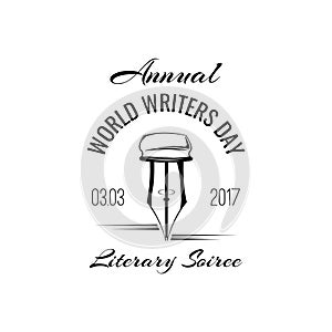 Feather Pen. World writers day logo label. Vintage pen. Vector.