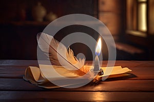 Feather quill burning old candle. Generate Ai