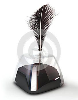 Feather quill in glass inkwell. Feather pen in the ink pot. Isolated on white. 3d illustration