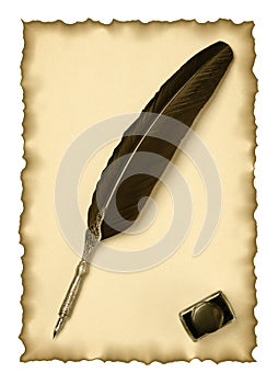Feather quill and inkwell on an old paper photo