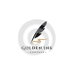 Feather quill pen golden ink logo , vintage Fountain pen logo with gold ink icon, luxury elegant classic stationery illustration i
