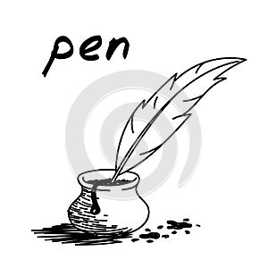 Feather quill pen handdrawn illustration. Cartoon vector clip art of a goose-quill pen in glass ink bottle. Black and white sketch