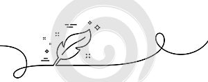 Feather quill pen line icon. Calligraphy nib sign. Continuous line with curl. Vector