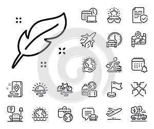 Feather quill pen line icon. Calligraphy nib sign. Plane jet, travel map and baggage claim. Vector