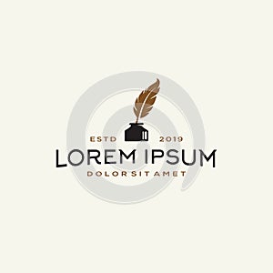 Feather quill pen logo with inkpot icon, classic stationery illustration