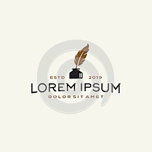 Feather quill pen logo with inkpot icon, classic stationery illustration photo