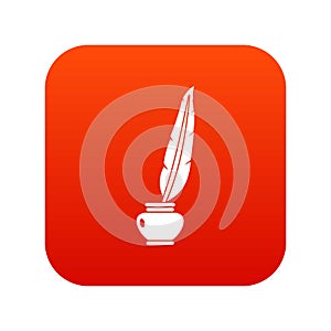 Feather quill pen standing in bottle of ink icon digital red