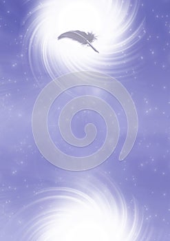 Feather quill pen in white whirl and purple background like mystical, writer, spiritual, creativity concept