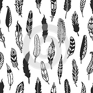 Feather rustic seamless pattern. Hand drawn vintage vector