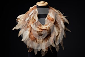 A feather scarf adorns a mannequin in a fashion design event