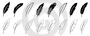 Feather set icons, quill feather silhouette, plumelet collection, bird feather signs