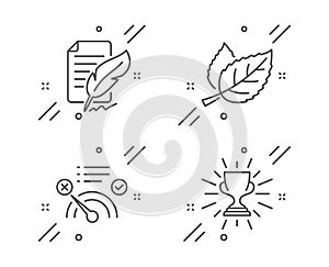 Feather signature, Leaf and No internet icons set. Trophy sign. Feedback, Nature leaves, Bandwidth meter. Vector