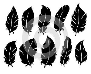 Feather silhouette. Bird wing feathers, lung quill and vintage pen isolated vector illustration set