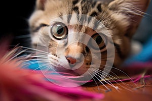 feather toy teasing kitten from above, eyes focused