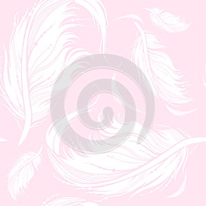 Feather vector seamless pattern in pink and white