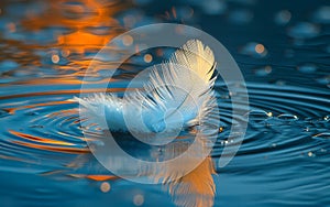 Feather on the water. A single white feather floating on the water