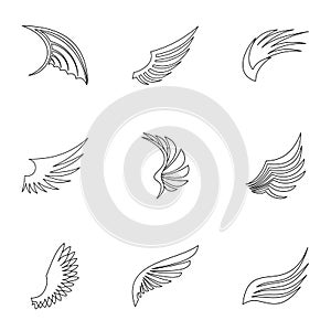 Feather wings icons set, outline style
