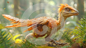 Feathered bird-like dinosaur running through ferns in in sunlight prehistoric forest